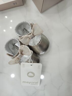 Mayoral Metallic Silver Baby Shoes with Cream Bows